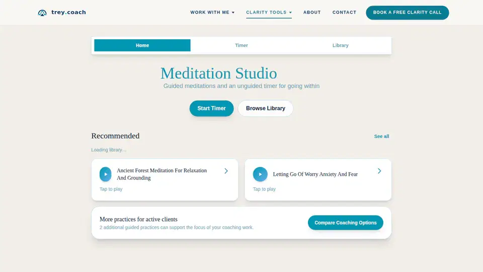 Trey Coach Meditation Studio with timer and guided meditation library