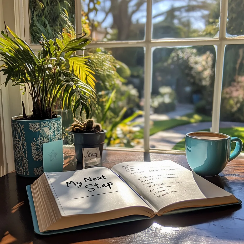 Open journal titled My Next Step beside a teal mug and plants in a sunlit window